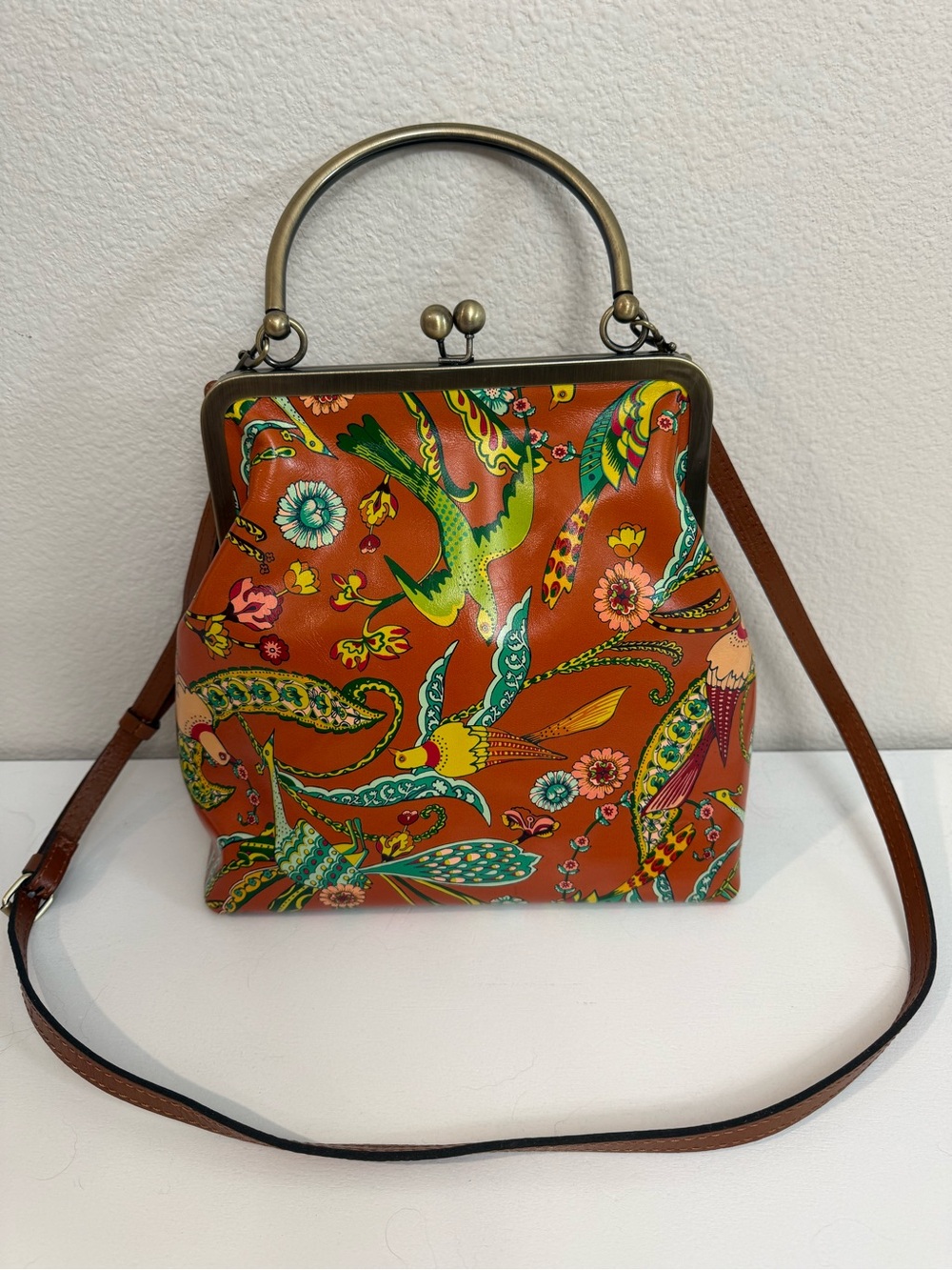 PATRICIA NASH UNIQUE Nearly New Orange Floral Print Frame Satchel Handbag